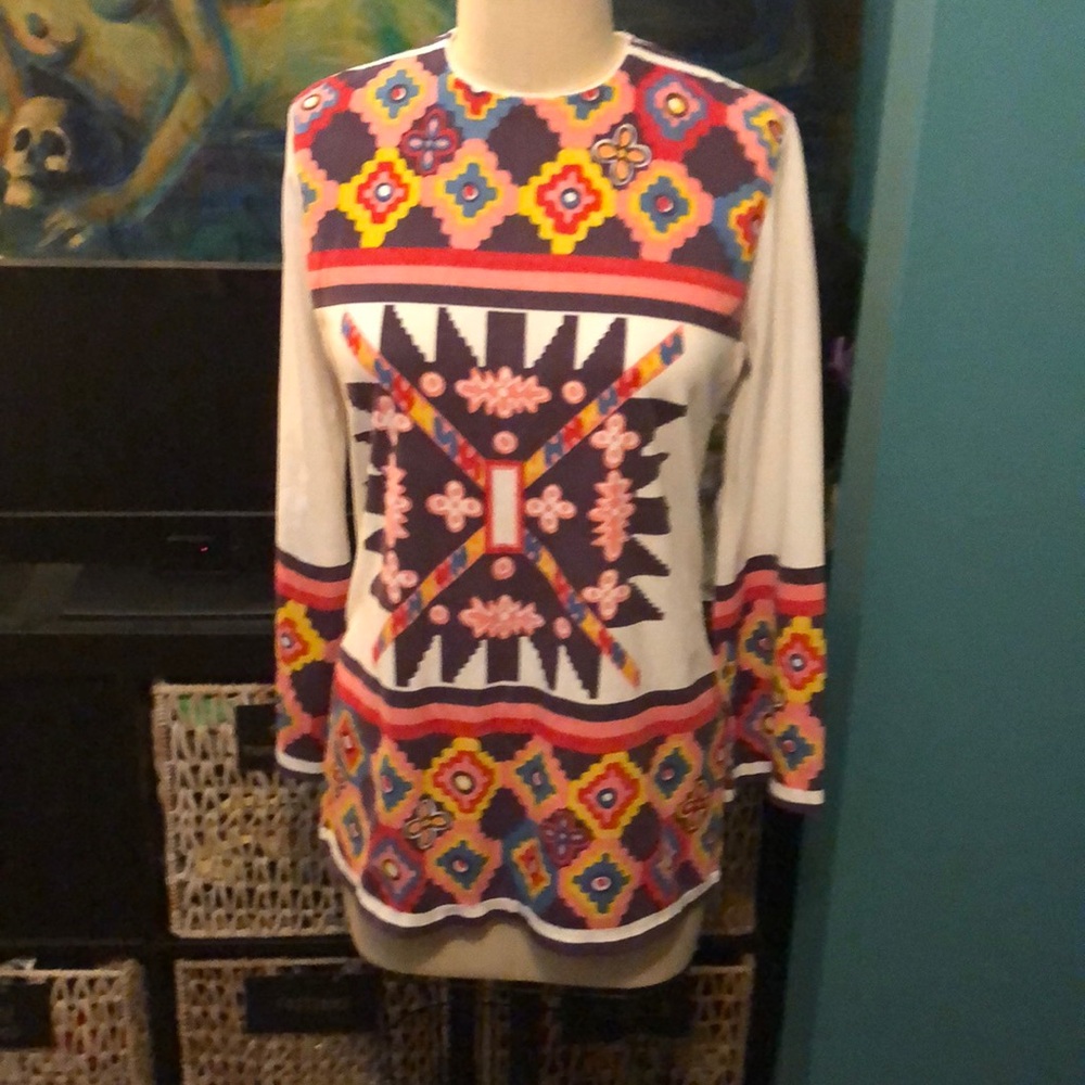 Vintage 70’s tunic Disco retro print red pink purple top with zipper.